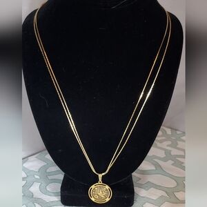 Vintage Etched Bird And Floral Designed Gold Overlay Pendant Necklace.